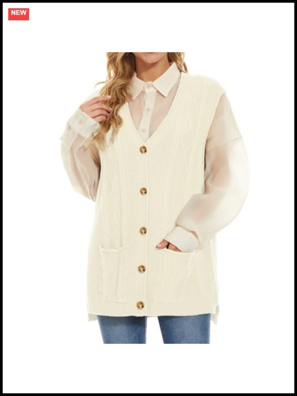 Sleeveless Cable Knit Sweater Vest Button Down Loose Fit Cardigan